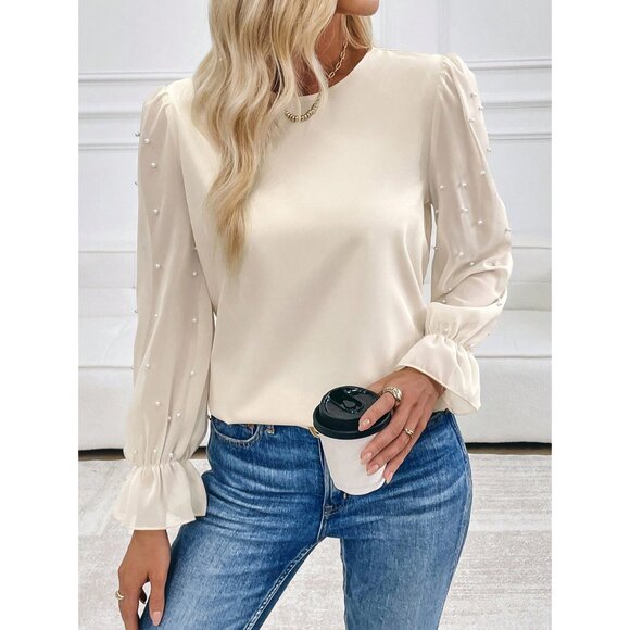 Pearl embellished long sleeve ruffle blouse black - Picture 2 of 2